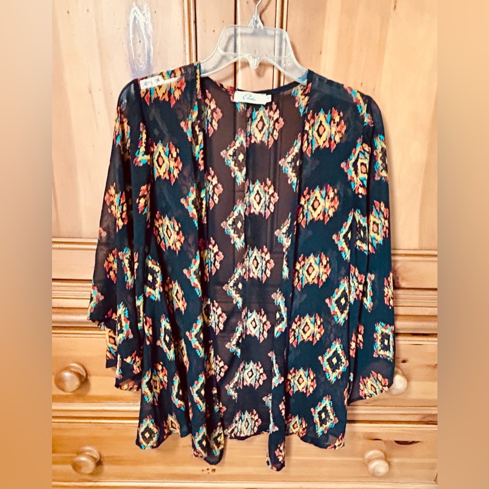 Elodie Women's Black Orange Geo Print Sheer Open Kimono Sz S Boho Festiv…